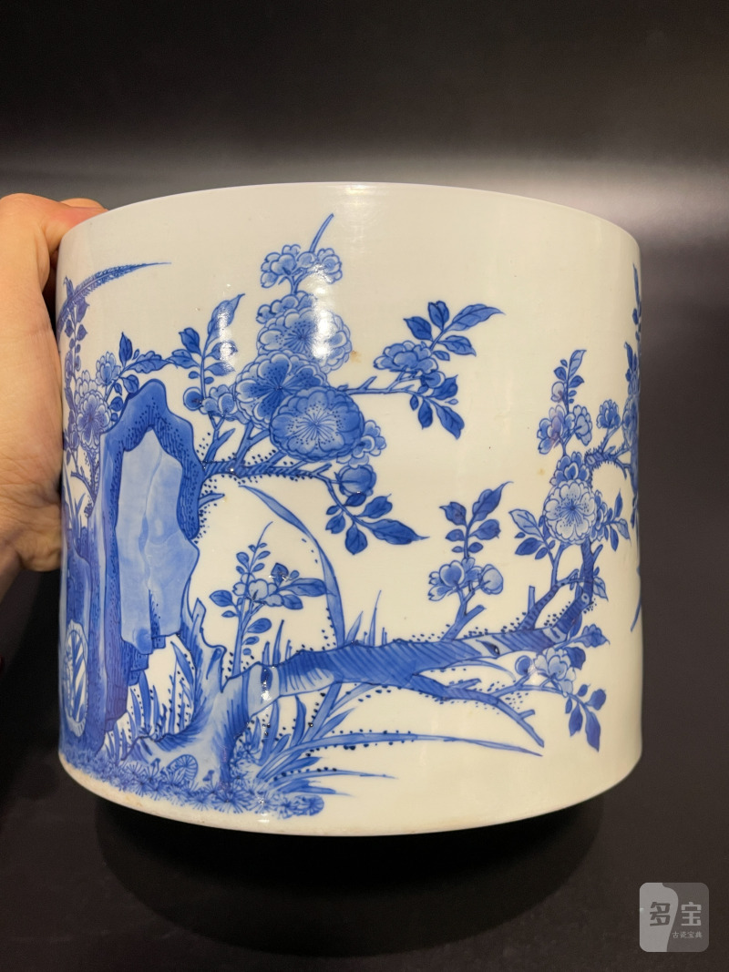 清康熙 青花雉鸡牡丹纹笔筒 - 图5
